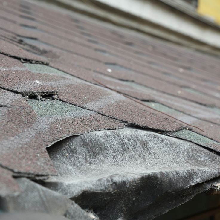 Damaged asphalt roof shingles, torn and weathered, close-up view.