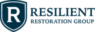 Logo for Resilient Restoration Group featuring a white letter 