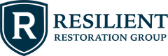 Logo for Resilient Restoration Group featuring a white letter 
