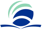 A circular emblem with a blue banner reading