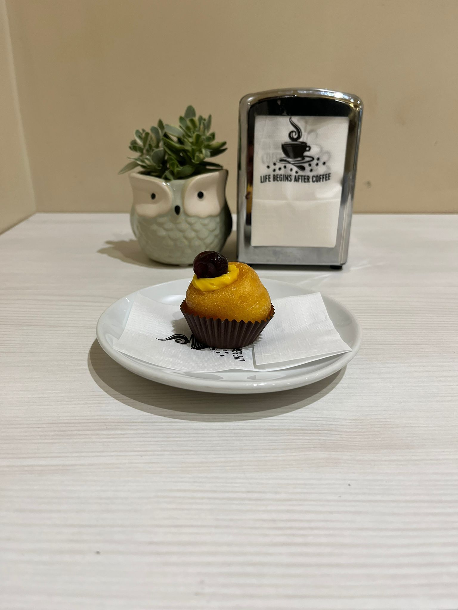 Un singolo cupcake su un piatto bianco con tovagliolo, vicino a una pianta e a un porta tovaglioli.