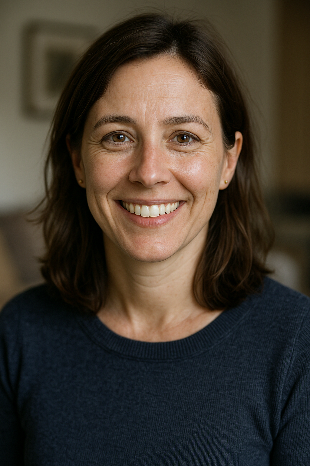 Une femme en pull bleu sourit à la caméra.