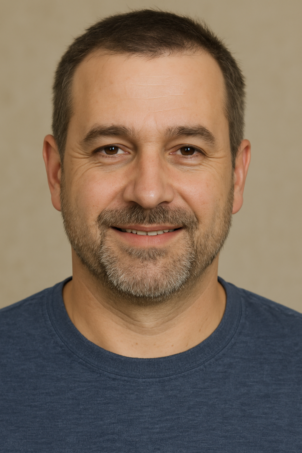 Un homme avec une barbe porte une chemise bleue et sourit à la caméra.