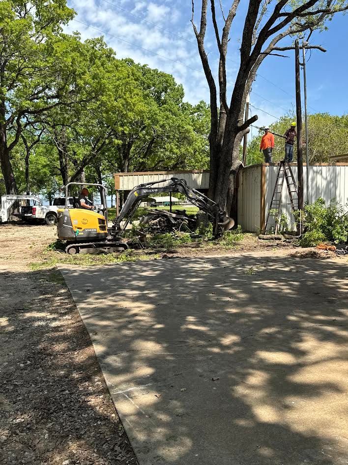 Workers trimming a tree near a building, with an excavator nearby.
