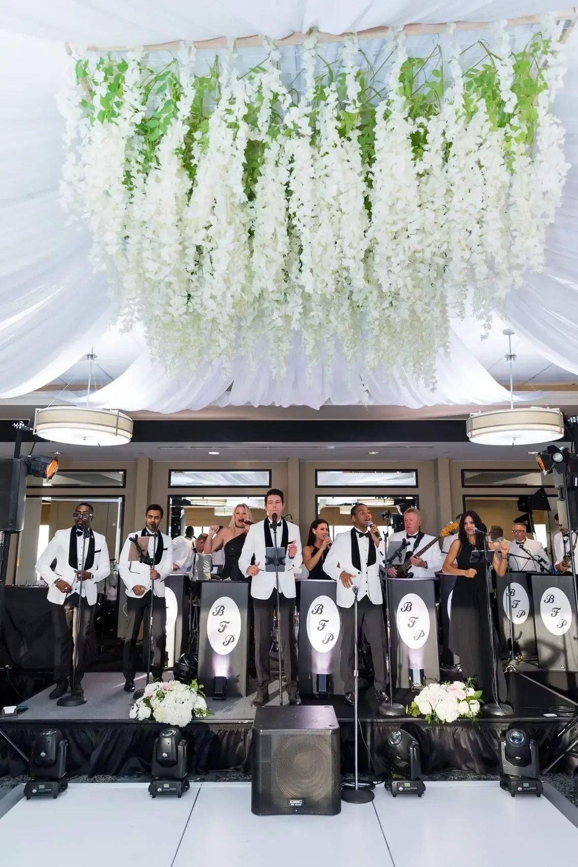 live band preparing to perform at wedding reception