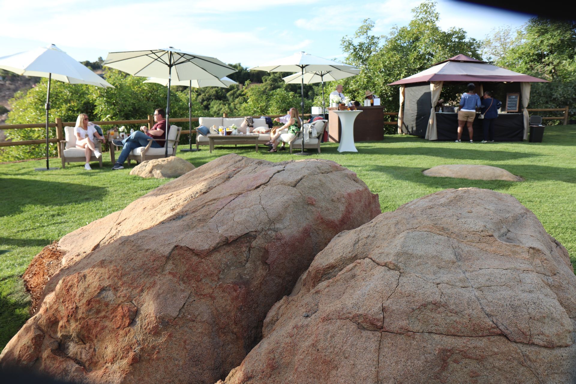 Backyard boulders with private party in background