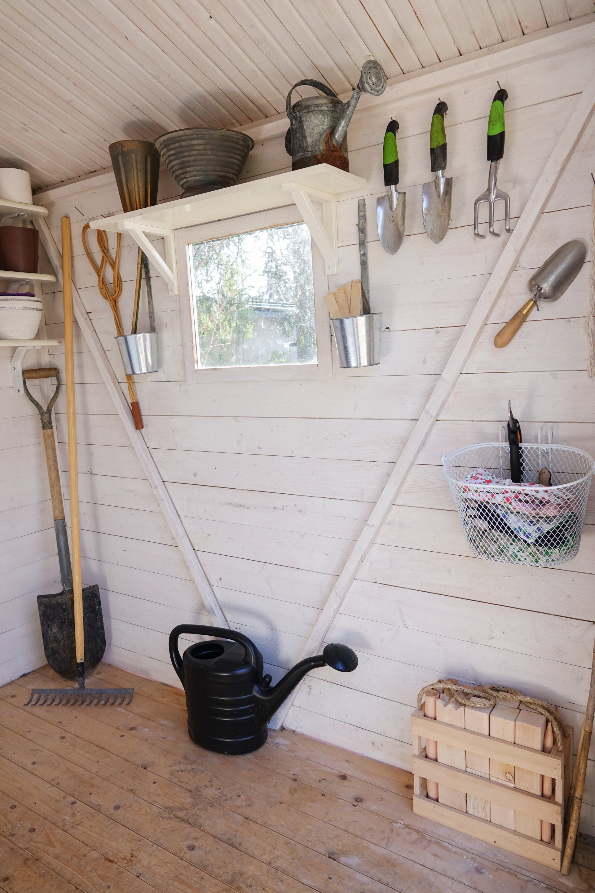 Inside of shed utilizing walls for organization