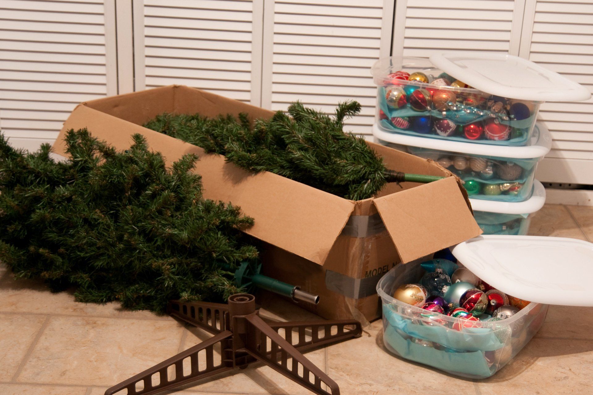 Christmas decorations partially packed after the holidays