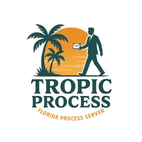 Mighty Mike, the Mighty Tropic Process Server in a suit, smiling while talking on a phone and holding a Legal Document.
