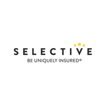 Selective insurance logo with black text and three yellow dots above the E, tagline “Be uniquely insured”