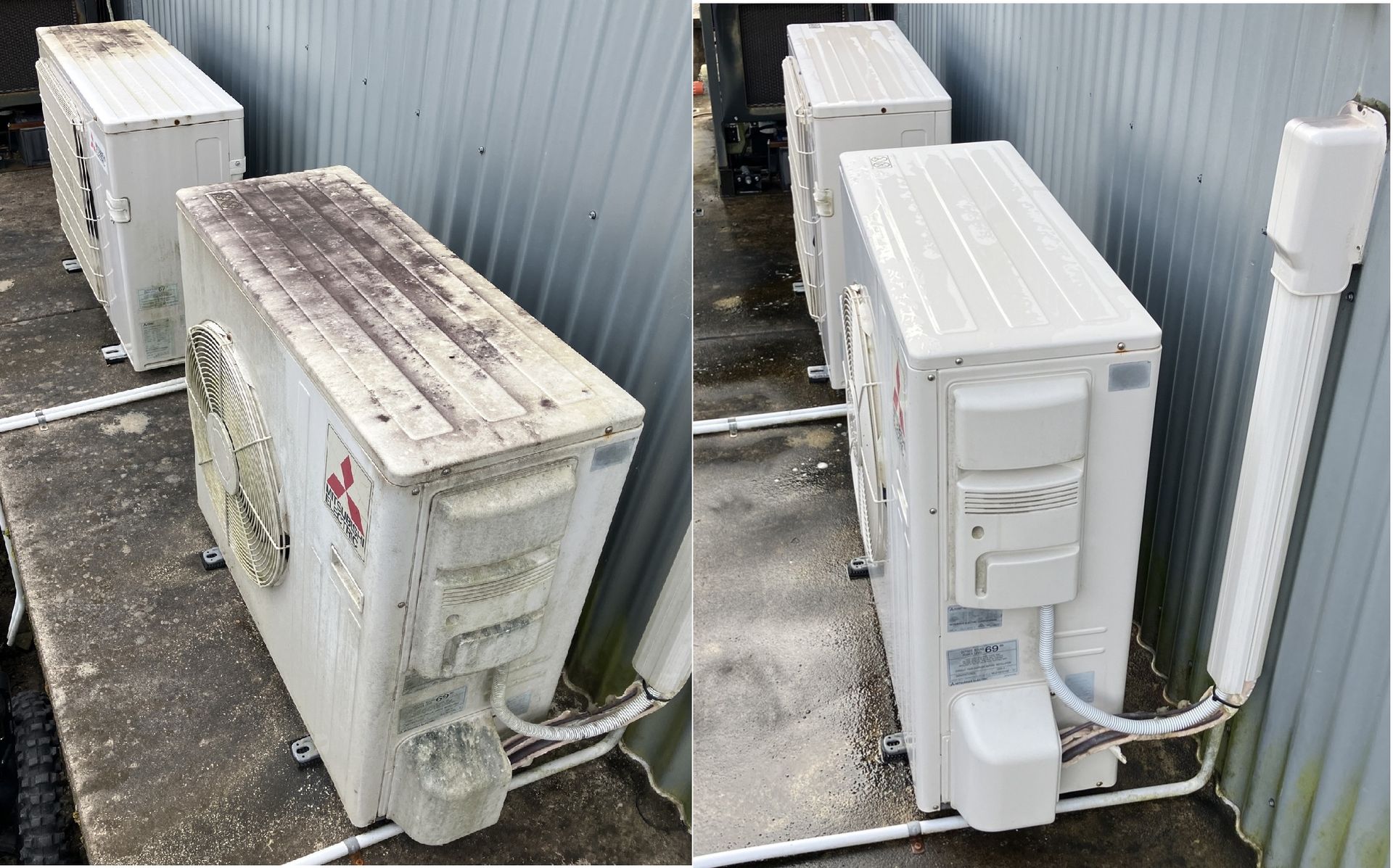 A Man is Cleaning an Air Conditioner With a High Pressure Washer — Comfort Solutions in Kunda Park, QLD
