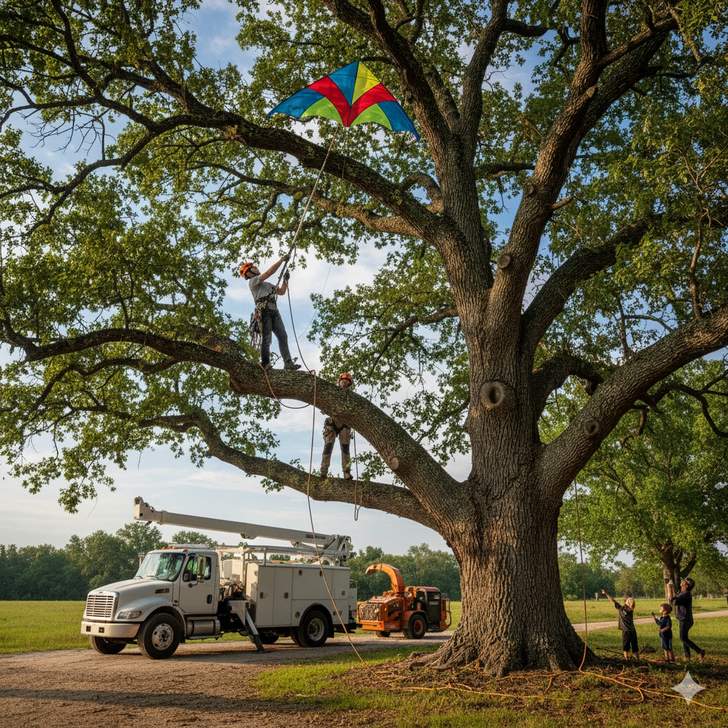 Two people in a tree retrieving a kite, a truck with a lift, and a wood chipper. Children watch in a field.