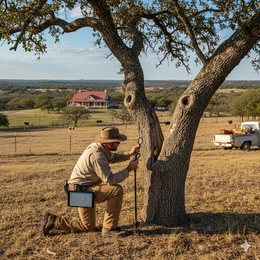 Man kneels, measuring a tree trunk in a field. Brown grass, distant house, and truck visible.
