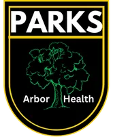 Logo for Parks Arbor Health: Black shield with gold border, white "PARKS" at top, green tree graphic, "Arbor Health" below.