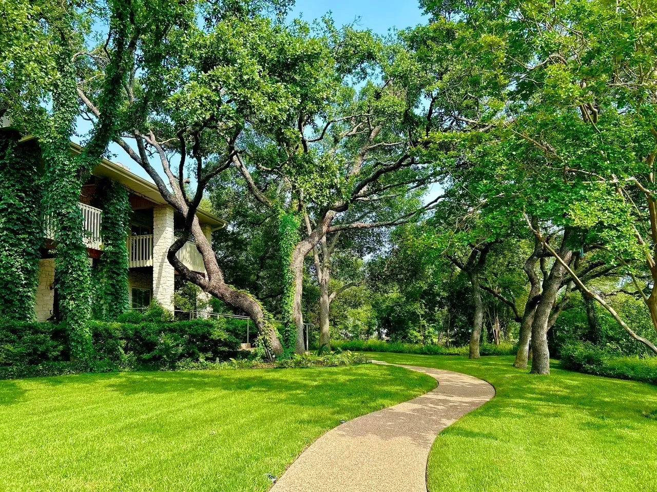 Stone path curves through a green grassy yard with large trees and a two-story building covered in ivy.