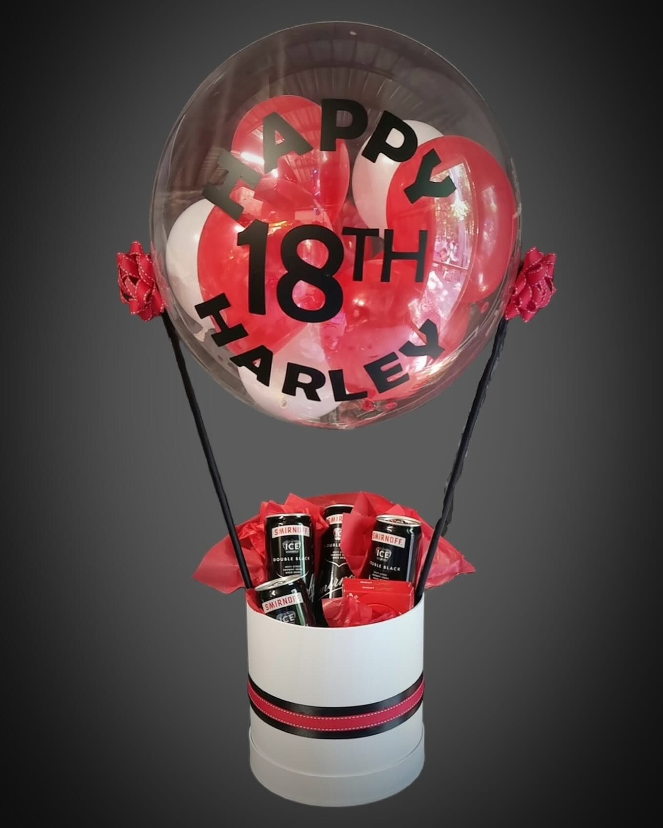 A Hot Air Balloon With the Words Happy 18th Harley on It — Yeppoon Balloons & Party Supplies in Yeppoon, QLD