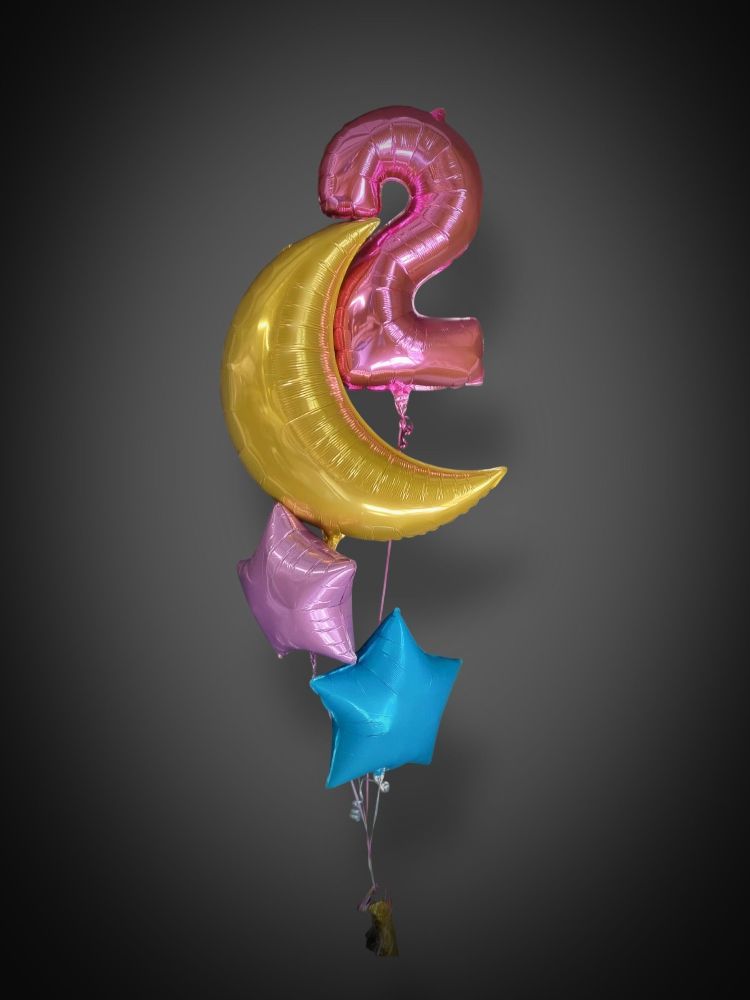 Bundle of Helium filled foil bouquets in the shapes of stars, the moon and the number 2