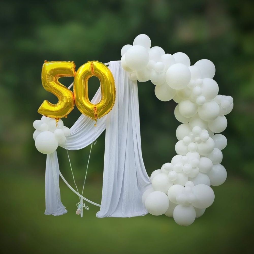 A Number 50 Balloon Is Surrounded by White Balloons - Yeppoon Balloons & Party Supplies in Yeppoon, Qld
