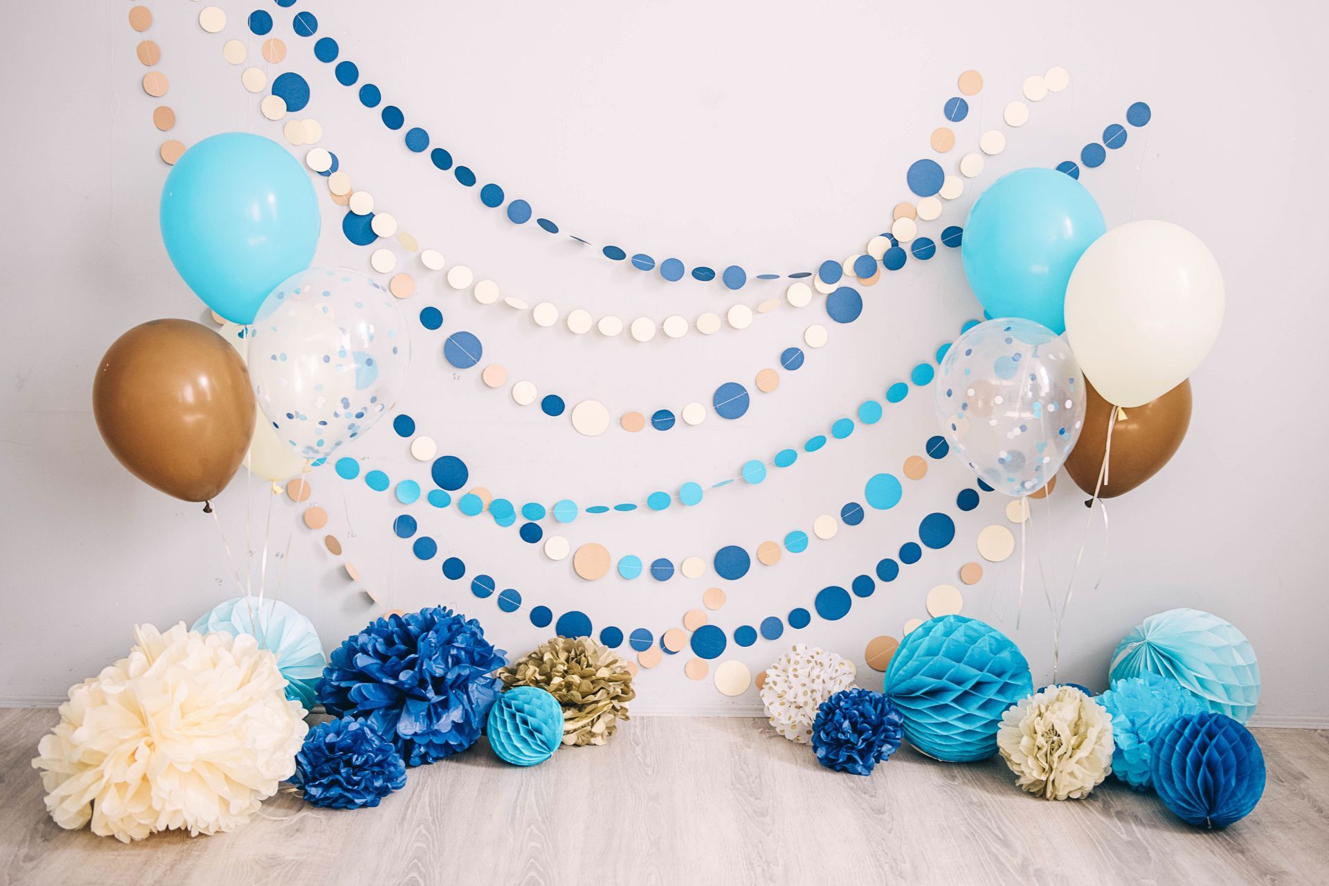 A Room Decorated With Balloons , Pom Poms , and Garlands - Yeppoon Balloons & Party Supplies in Yeppoon, Qld