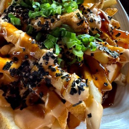 A close up of a plate of french fries with sauce and green onions
