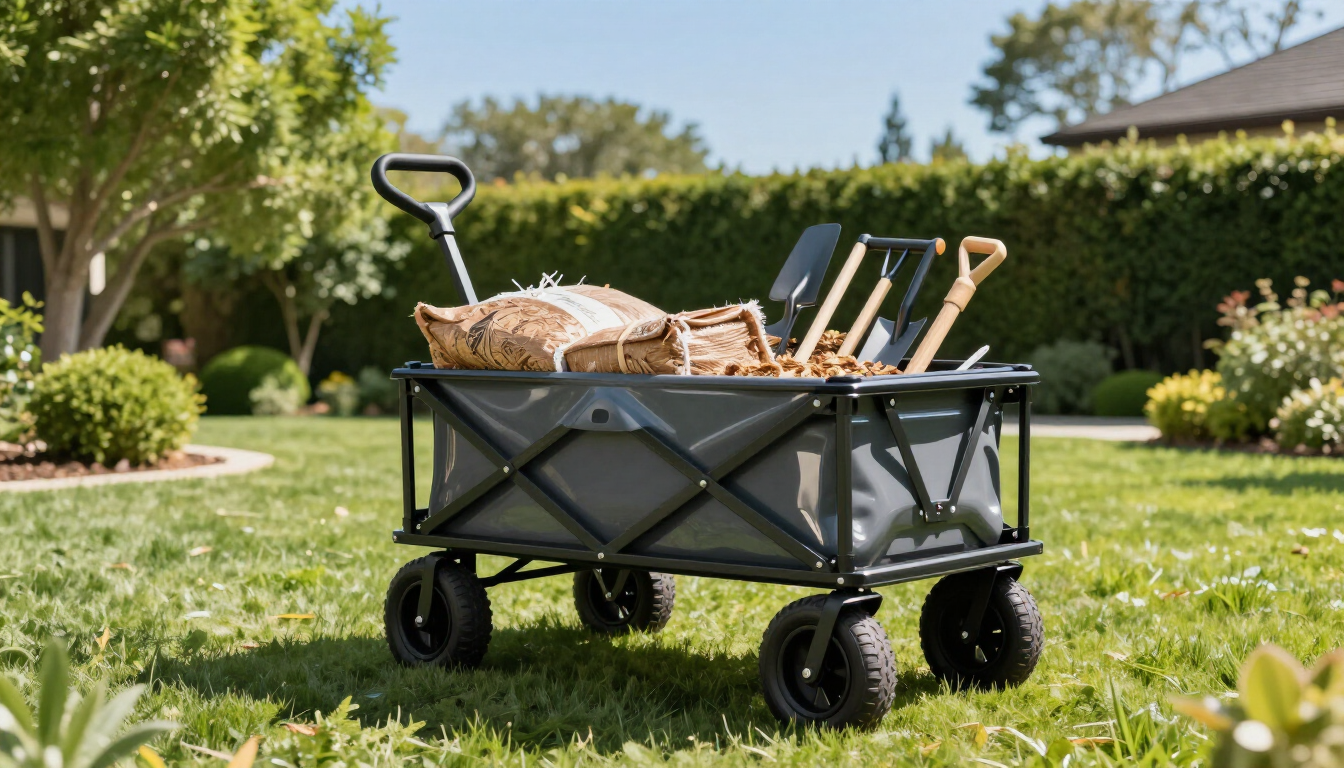 Electric utility wagon loaded with gardening supplies