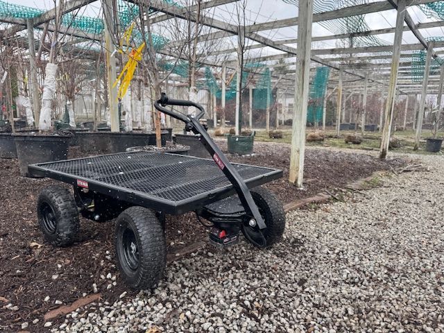 Electric utility wagon in a lush garden