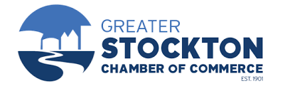 The Greater Stockton Chamber of Commerce logo, featuring a blue circular design with a building silhouette and a river.