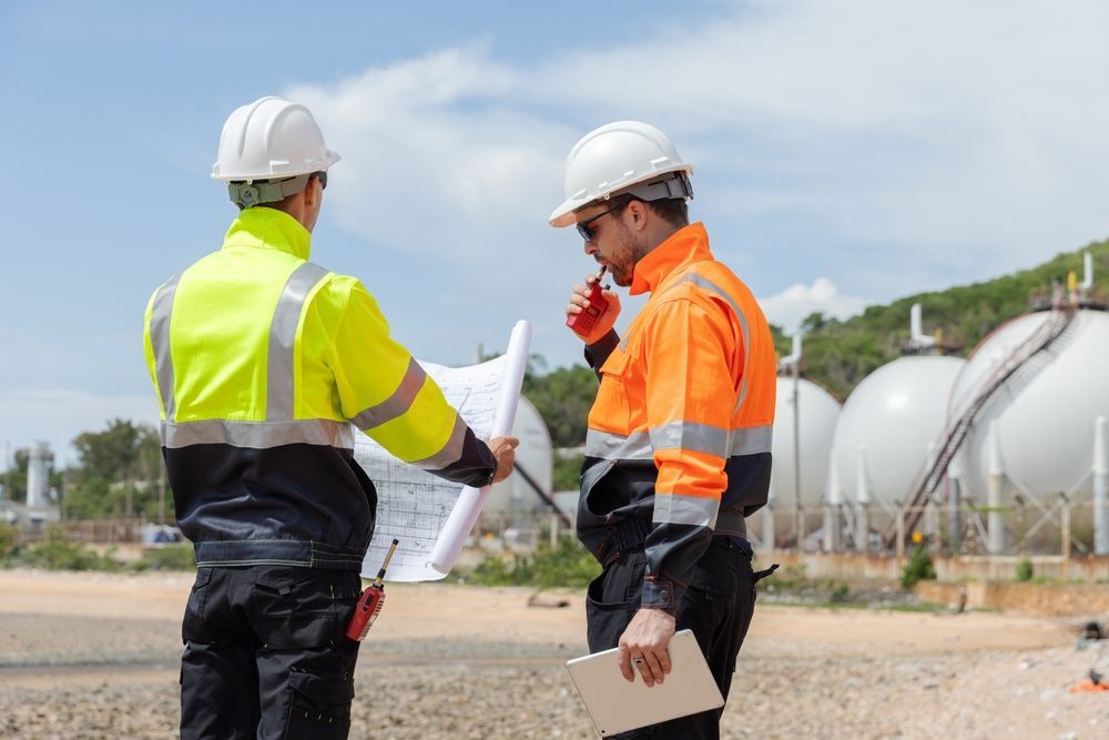 Engineers reviewing change order plans at industrial facility with large storage tanks in background