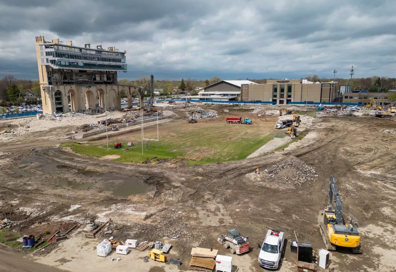 An aerial view of Ryan Field being demolished by Alpine Demolition. 