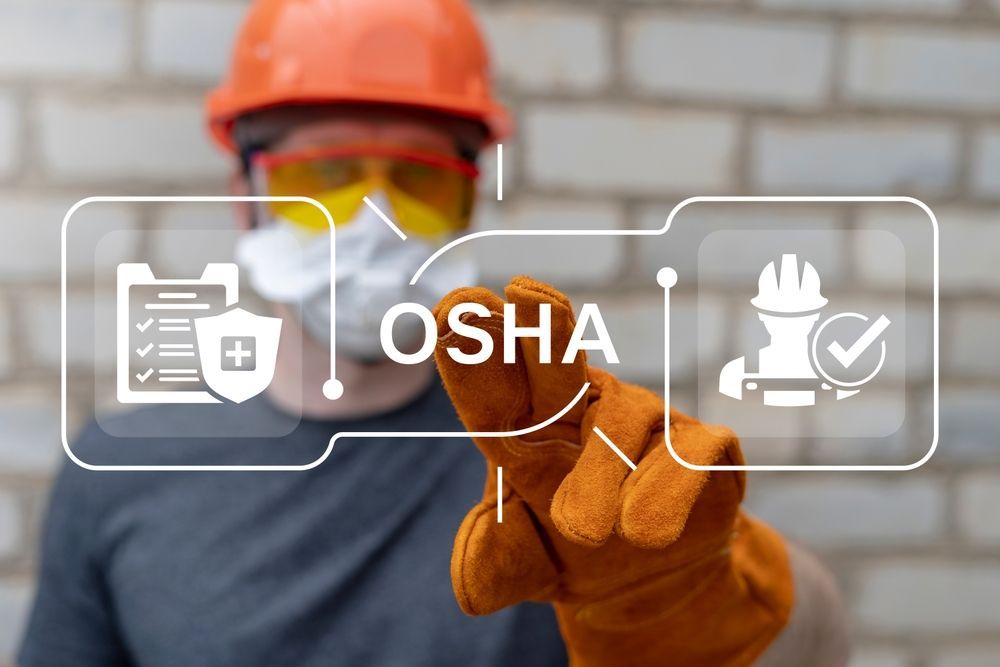 OSHA Occupational Safety and Health Administration. OSHA checklist documents. Industry employee working on virtual touchscreen selects OSHA acronym.