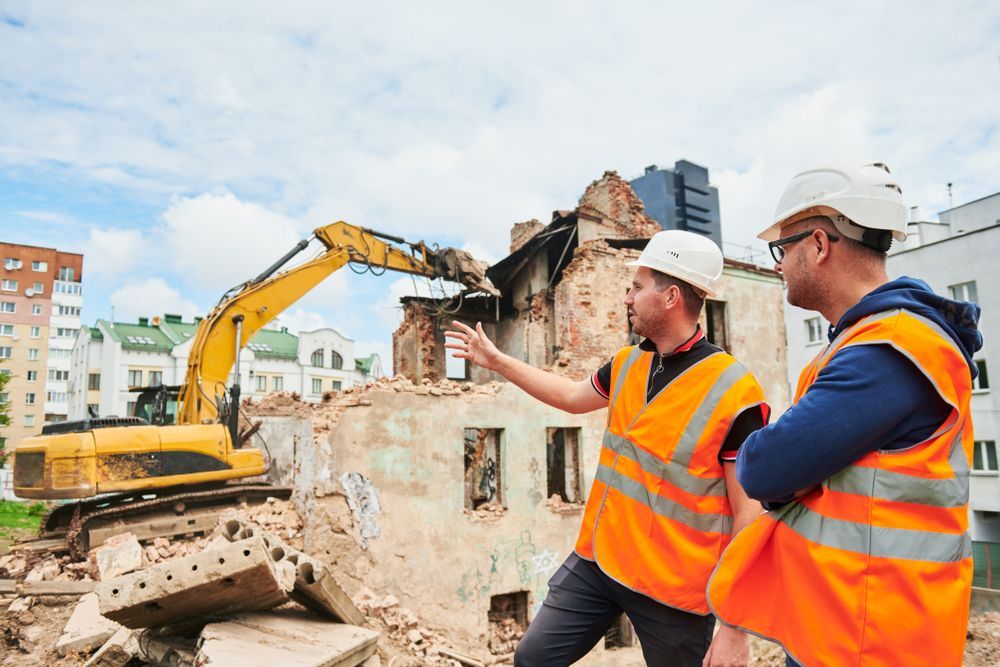 Two construction workers in hard hats inspect a demolition site beside an excavator.