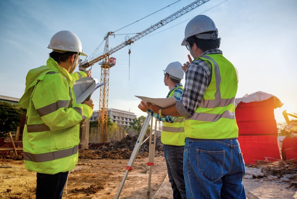 a group of three construction workers are standing on a construction site, surveying the demo plan.