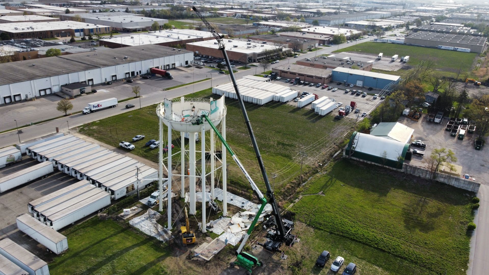 water tower demolition arial view