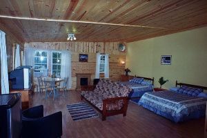 a living room with two beds , a couch , a television and a fireplace .