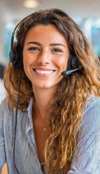 Woman with curly brown hair wearing a headset, smiling.