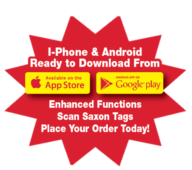 Red burst graphic with app store and Google Play icons, advertising downloads for iPhone and Android.