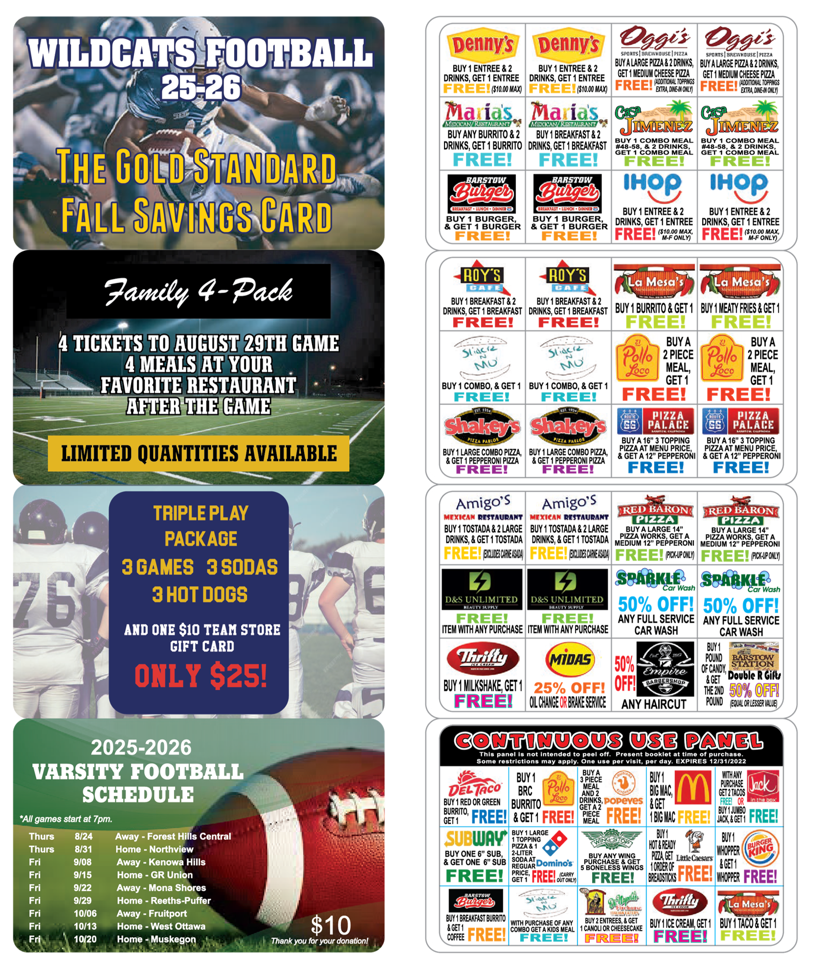 Football savings cards with coupons for various restaurants and events.