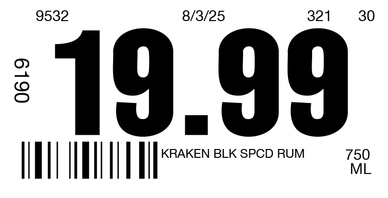 Price tag for Kraken Black Spiced Rum, $19.99, barcode, 750 mL, and the date 8/3/25.