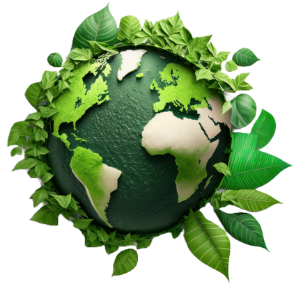 Green Earth surrounded by green leaves, symbolizing environmental protection.