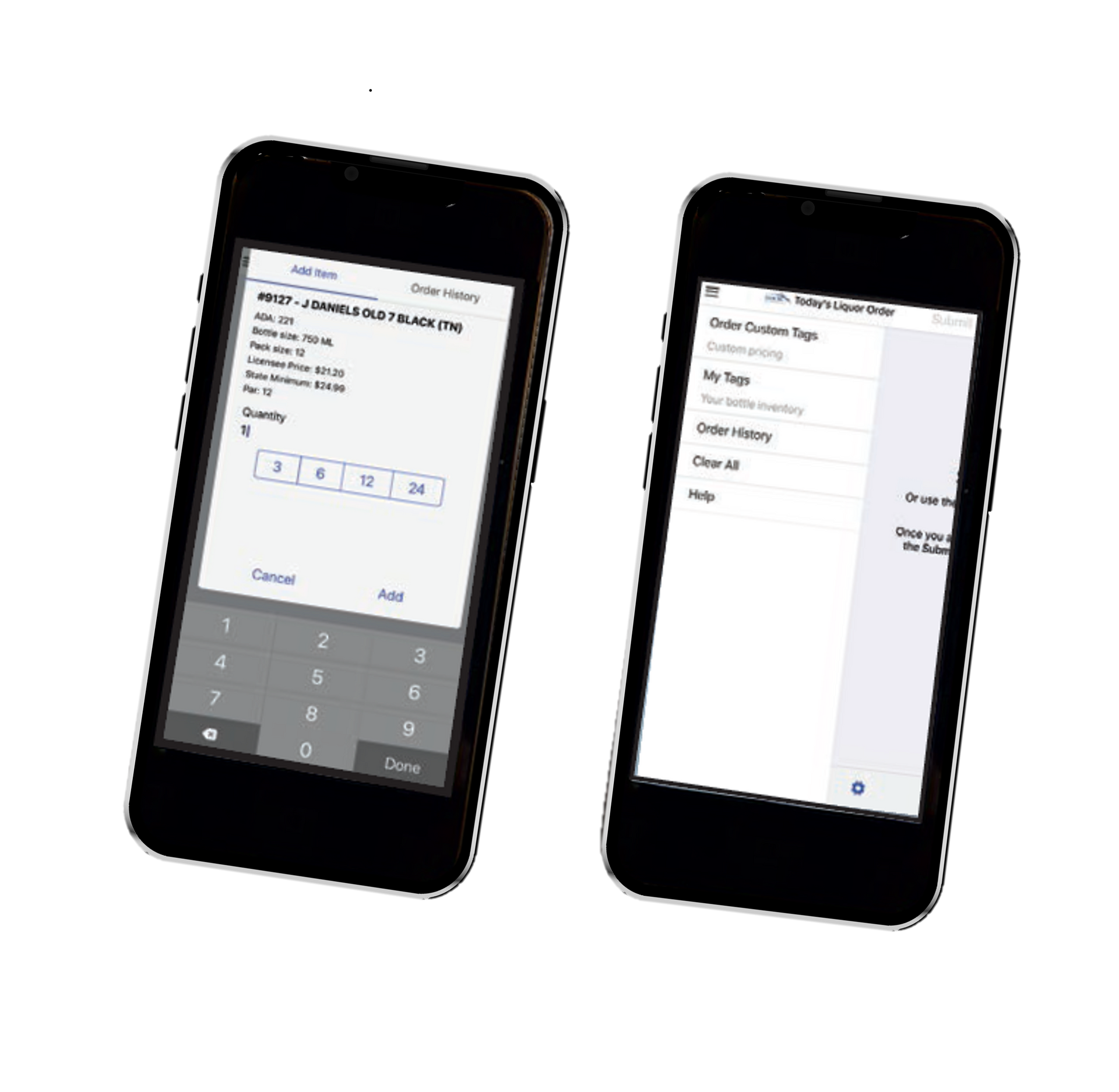 Two smartphones displaying app interfaces; one with quantity selection, the other with a list of options.
