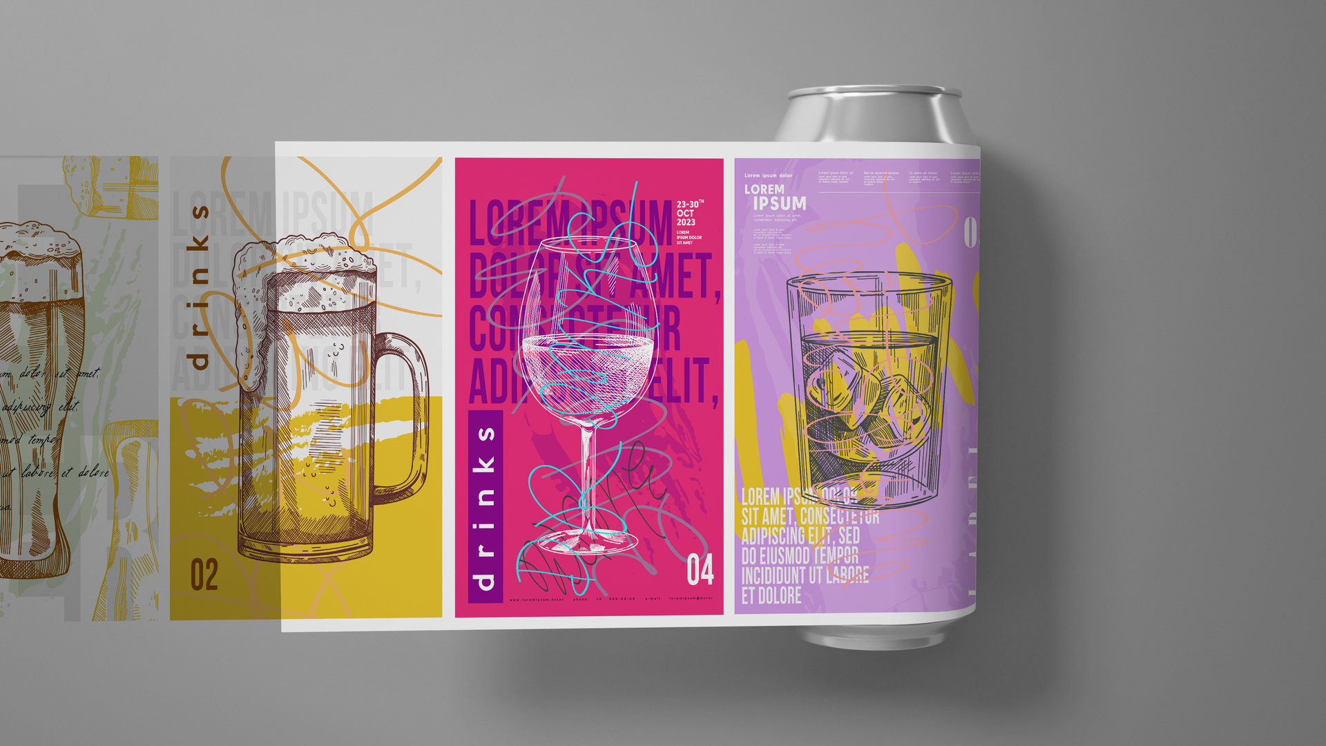 Can design wrap, various drink illustrations and text on a metallic can; yellow, pink, and purple.
