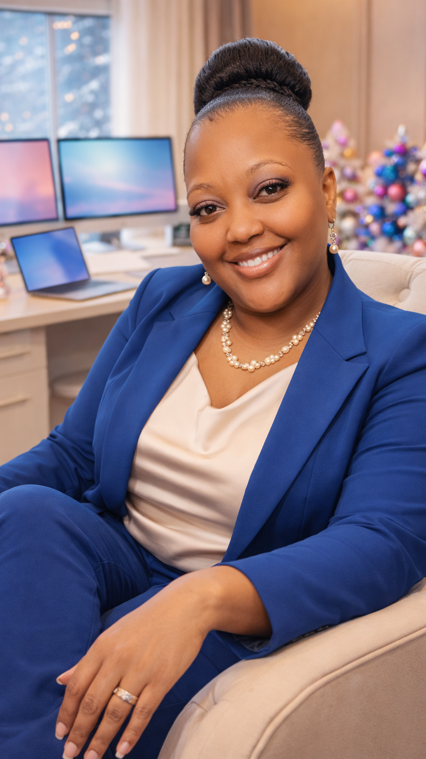 Woman in blue suit smiling, sitting near desk with two monitors and a Christmas tree in background.