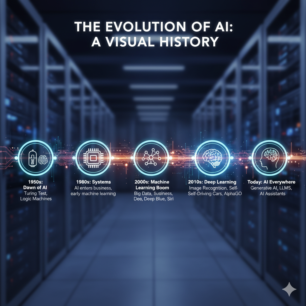 Infographic: The Evolution of AI across time, starting with machine learning to advances in modern AI.
