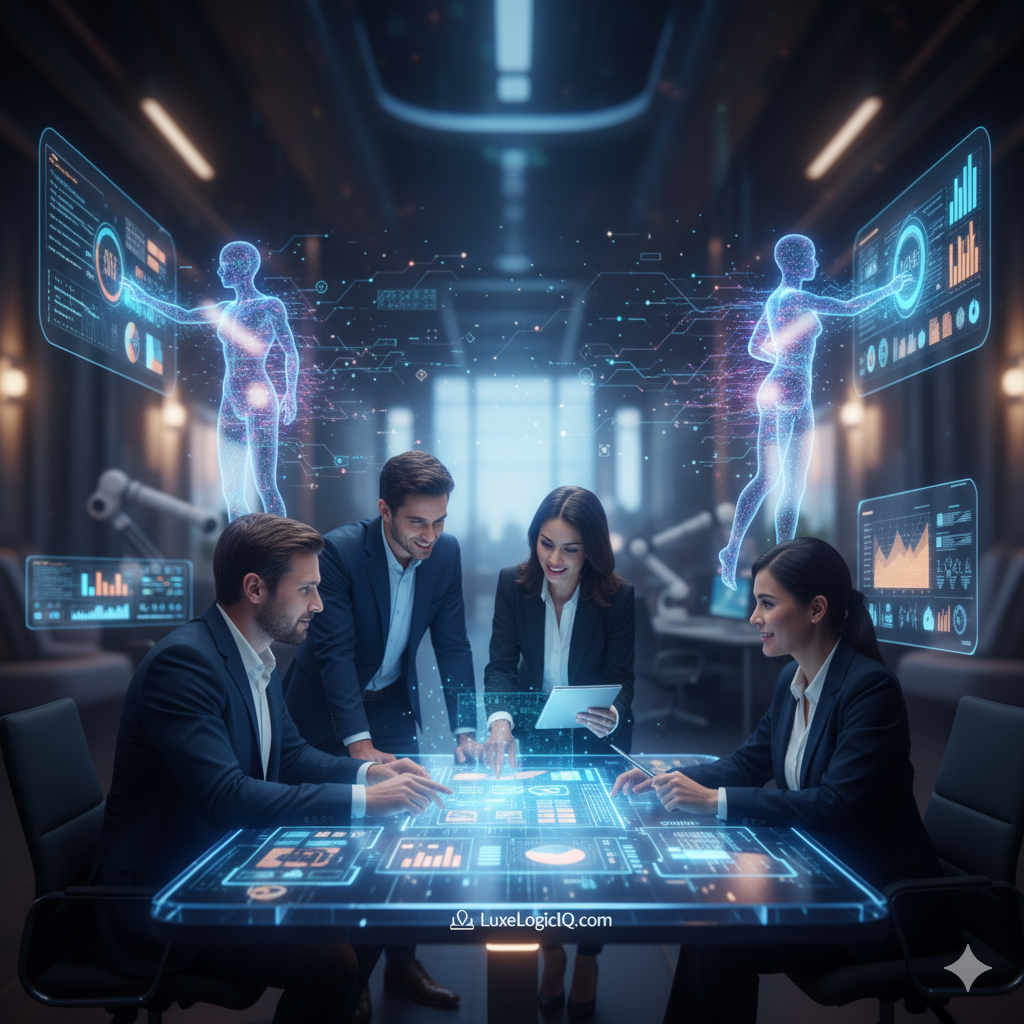 Business people collaborating around a futuristic table with holographic body scans and data displays.