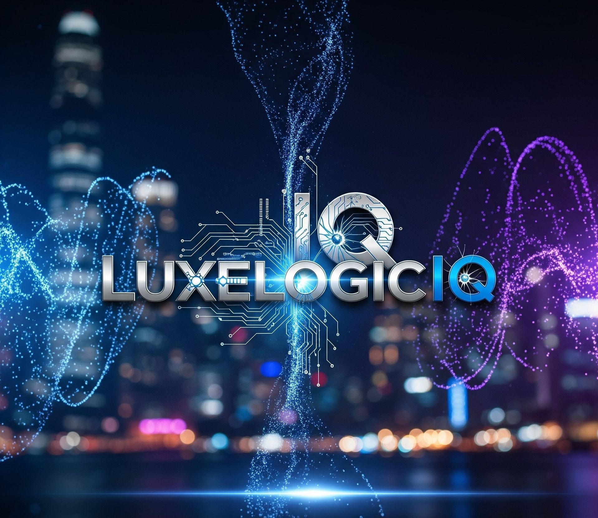 LuxelogicIQ logo over city skyline with digital particle effects; blue and purple.