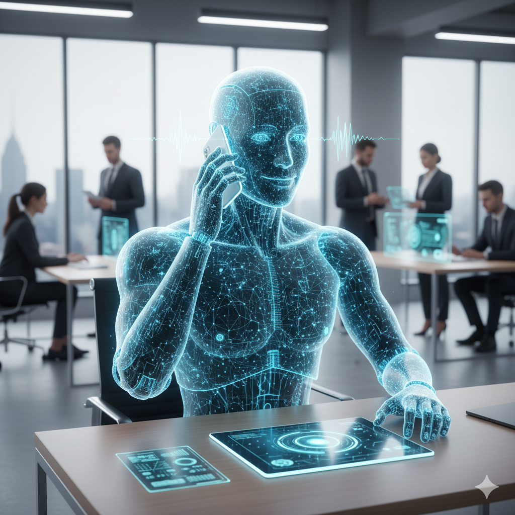 A digital humanoid in an office, holding a phone. Blue lines form the body. People work in background.