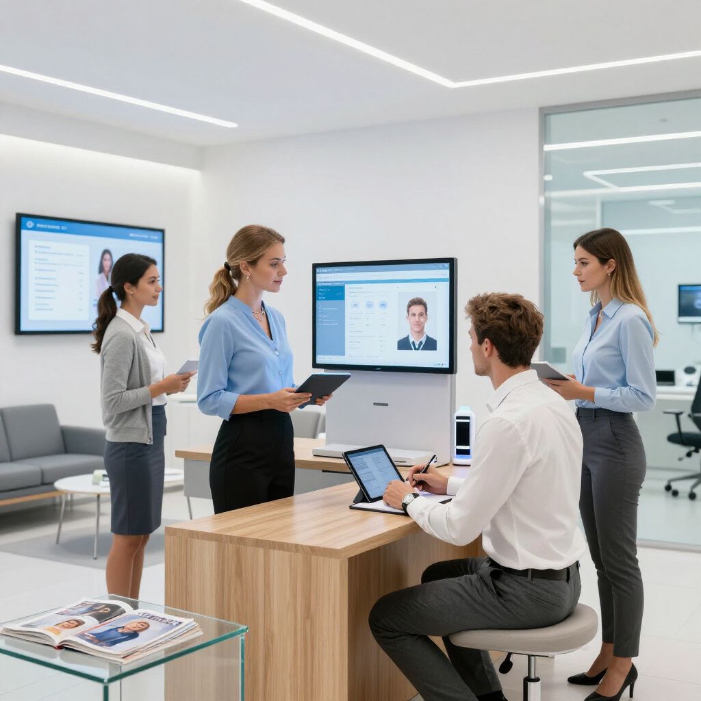 Office meeting: Four people around a desk, looking at screens and discussing. Bright, modern office setting.