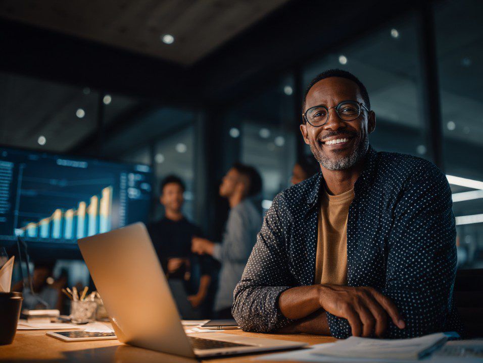 Man in glasses smiles at the camera, laptop open on a desk in an office with others in the background, night setting.