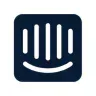 Blue and white icon of a smiling face with vertical lines inside a rounded square.