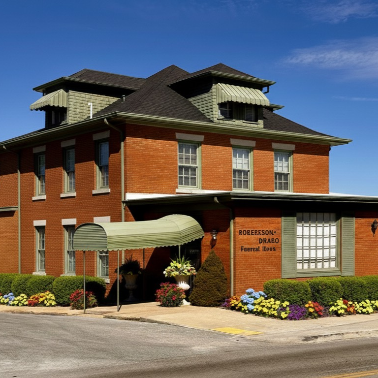 Two-story orange brick building with green accents and awnings, labeled 